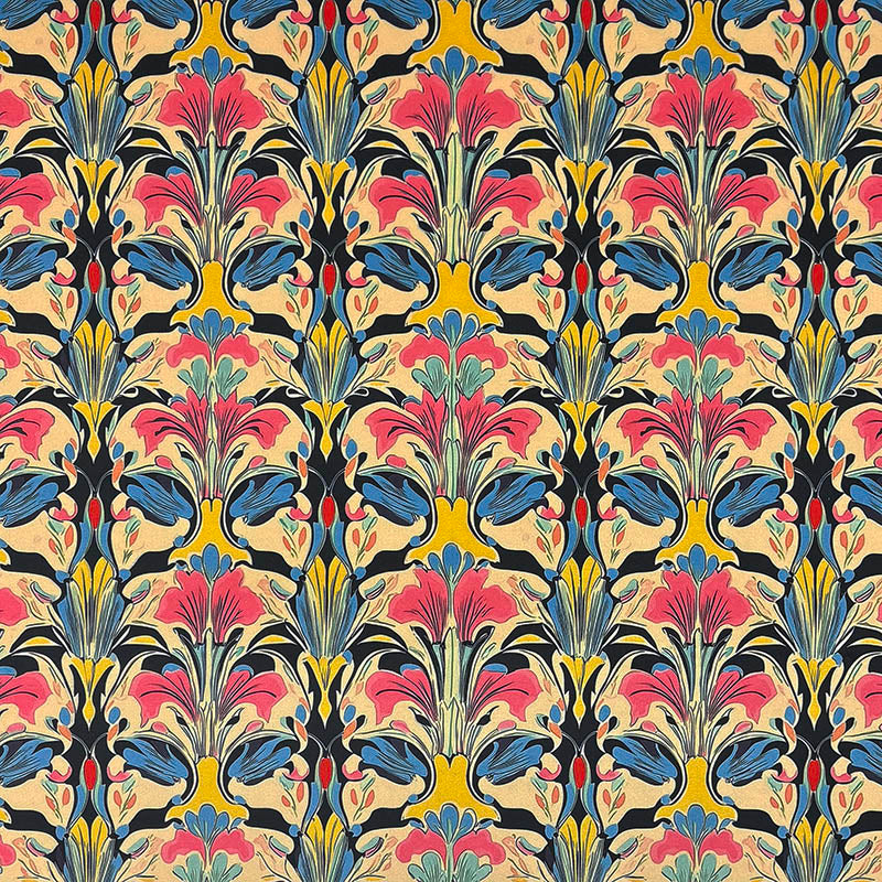 Art Nouveau printed velvet upholstery fabric featuring coral pink floral motifs, golden botanical detailing and blue decorative leaves on a warm neutral background