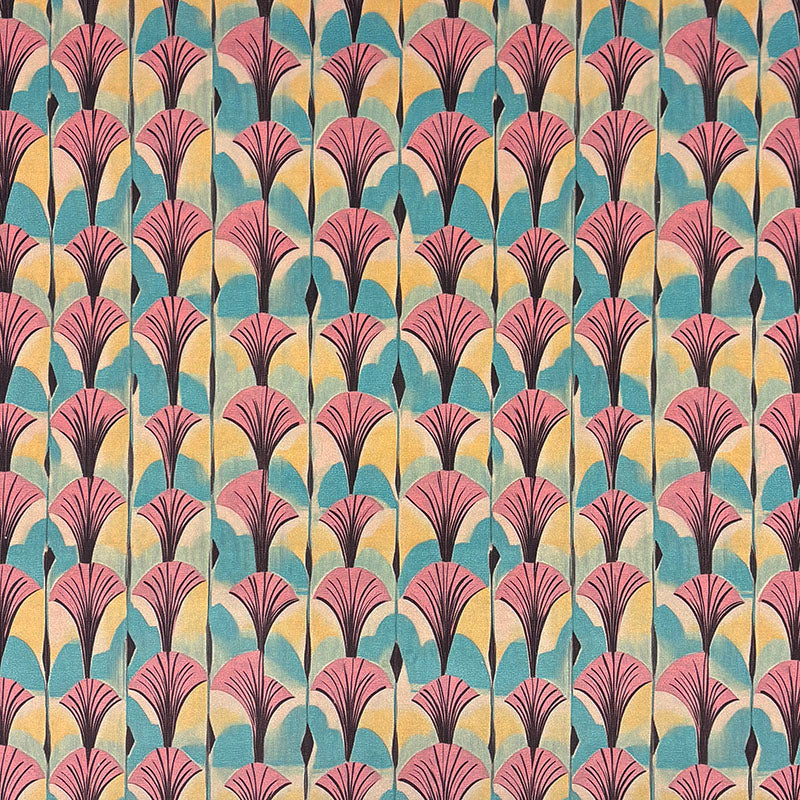 Retro printed velvet upholstery fabric featuring Art Deco fan motifs in blush pink, teal, aqua and cream with decorative geometric styling