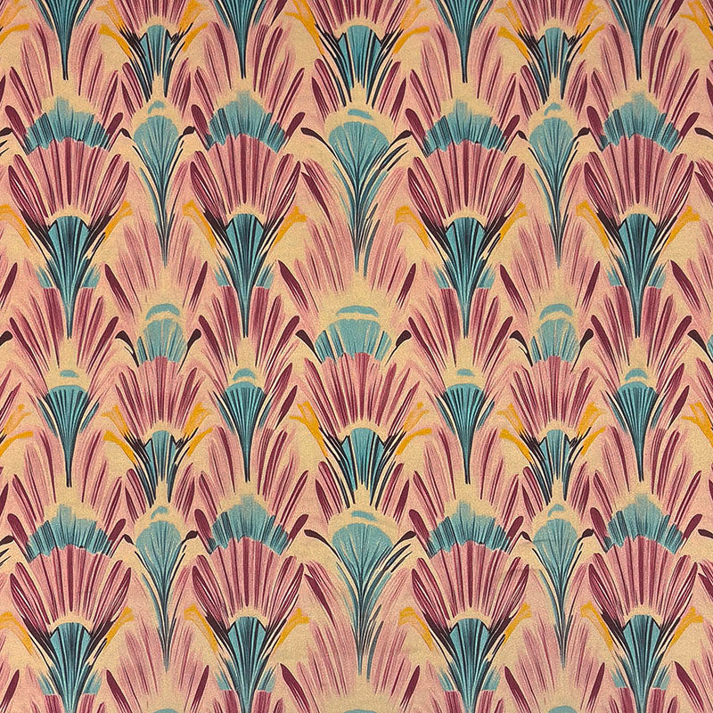 Retro printed velvet upholstery fabric featuring Art Deco fan motifs in blush pink, aqua blue, gold and plum tones with elegant geometric styling