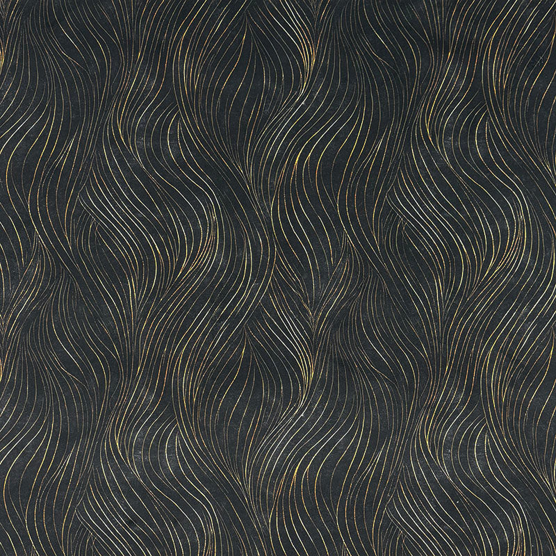 Black and gold printed velvet upholstery fabric featuring flowing Art Deco inspired linework and elegant decorative pattern