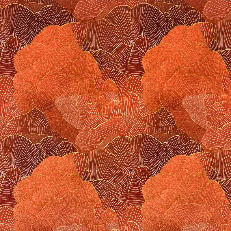 Bold orange printed velvet upholstery fabric featuring oversized Art Nouveau floral motifs with layered terracotta and copper detailing