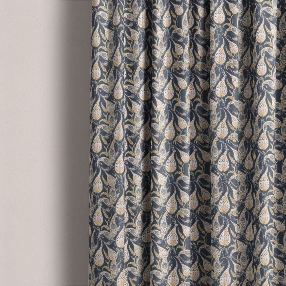 Paisley No.4 Linen Curtain Fabric styled as navy paisley curtain fabric with flowing drape and detailed botanical pattern