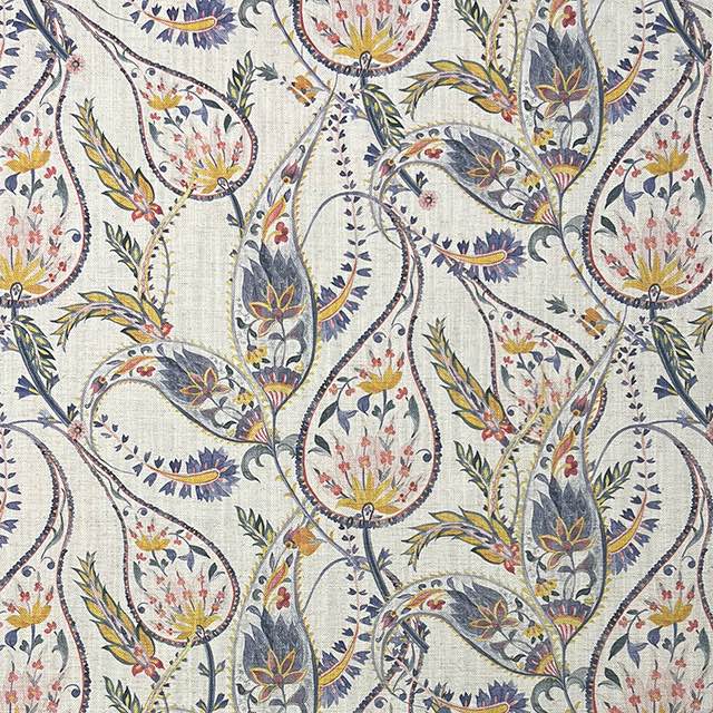 Paisley No.5 linen curtain fabric flat view showing white paisley pattern with floral detailing on curtain fabric basecloth