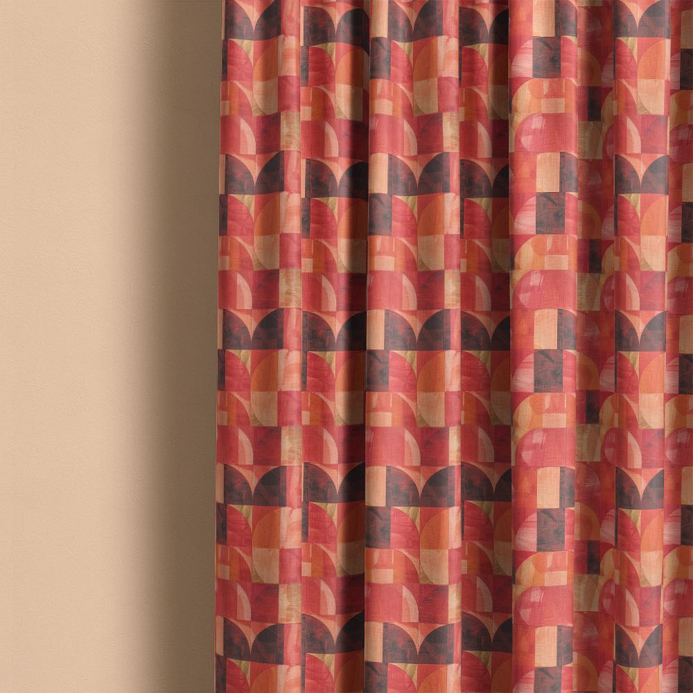 Palette No.1 geometric linen curtain fabric in red and terracotta tones hanging as full length curtains in modern interior