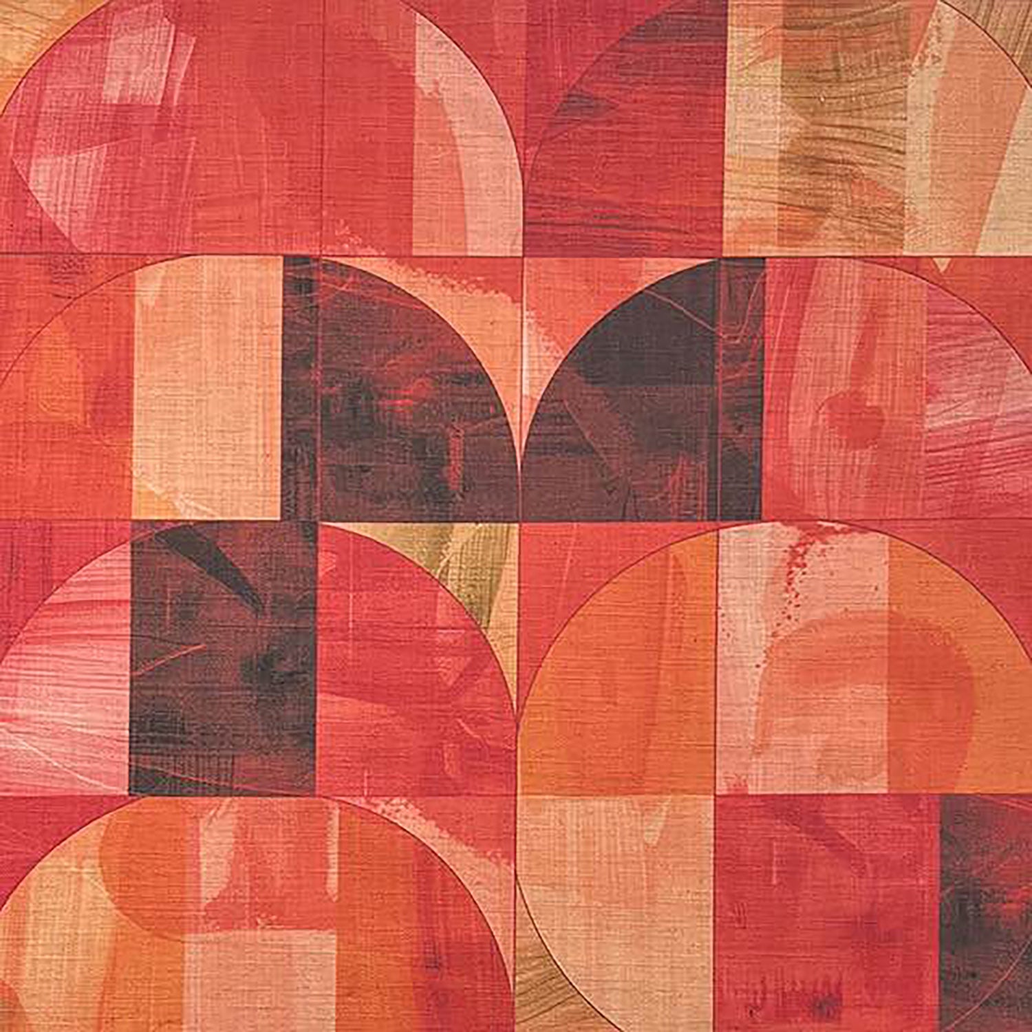 Palette No.1 geometric curtain fabric close up showing abstract red, coral and neutral shapes on linen basecloth