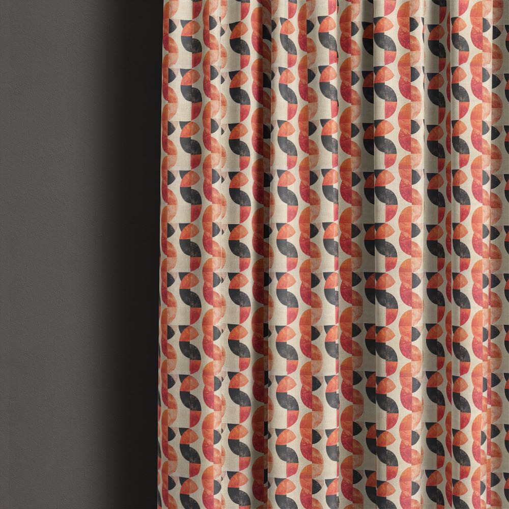 Palette No.4 linen geometric curtain fabric displayed as full-length curtains with bold terracotta and charcoal abstract pattern