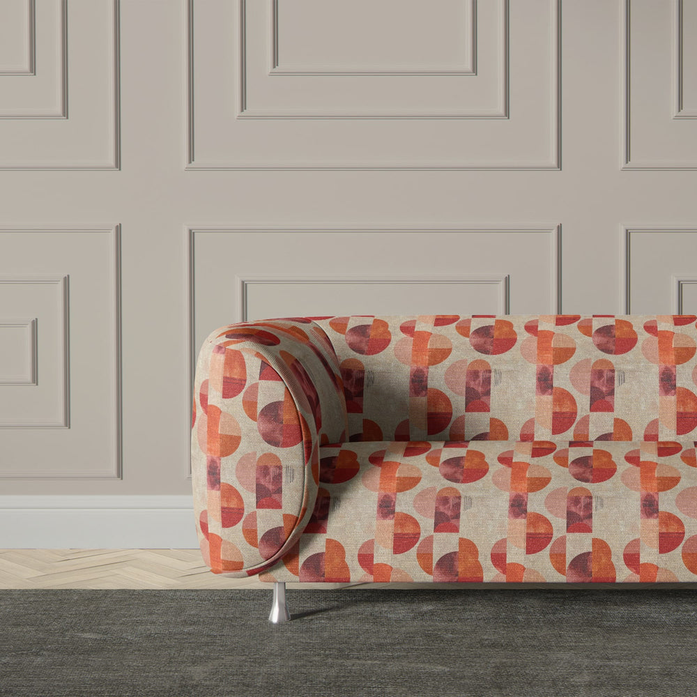 Sofa view of Palette No.3 red and orange blend abstract circle effect upholstery fabric