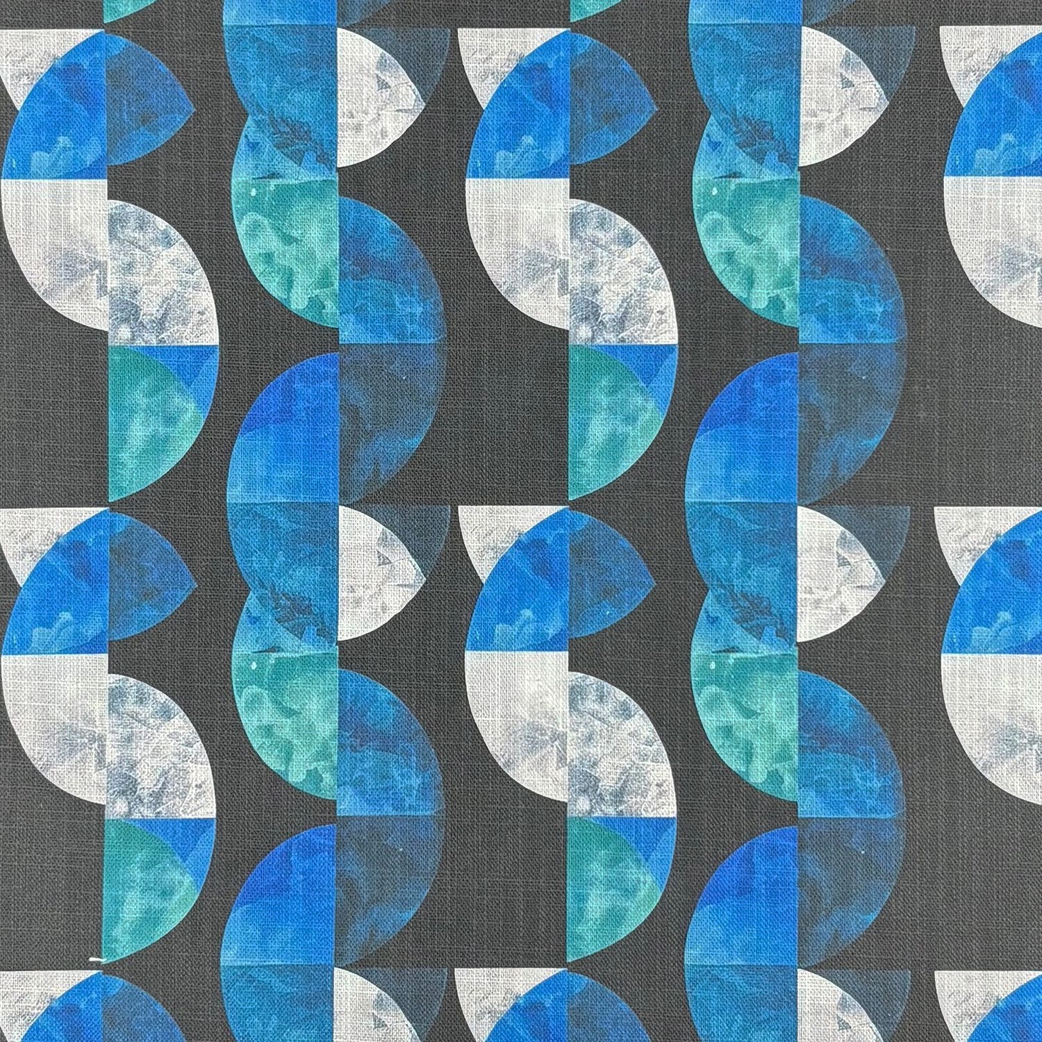 Palette No.5 geometric linen curtain fabric flat view in blue teal and charcoal abstract pattern