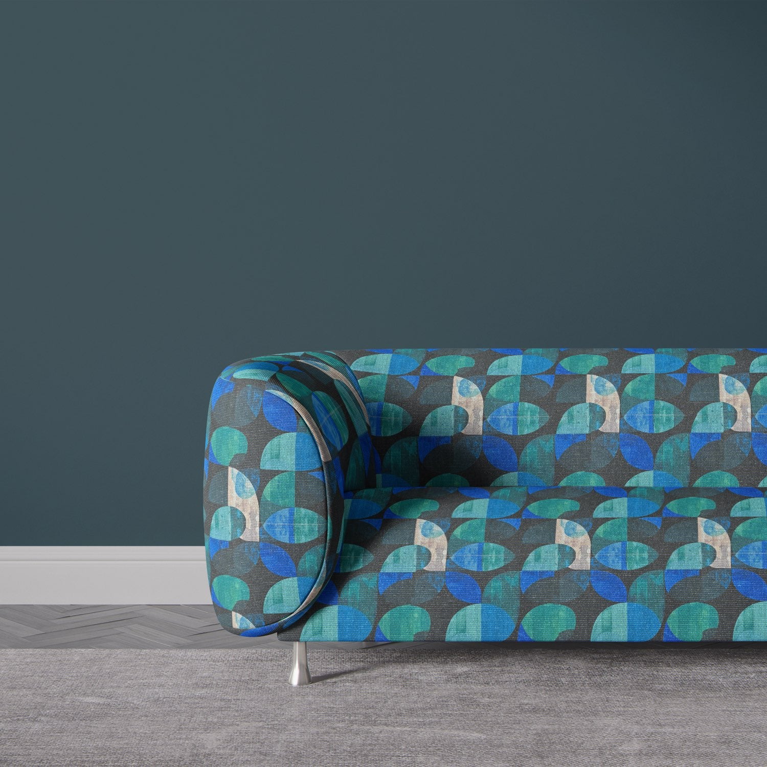 Palette No.6 blue teal geometric patterned upholstery fabric on sofa