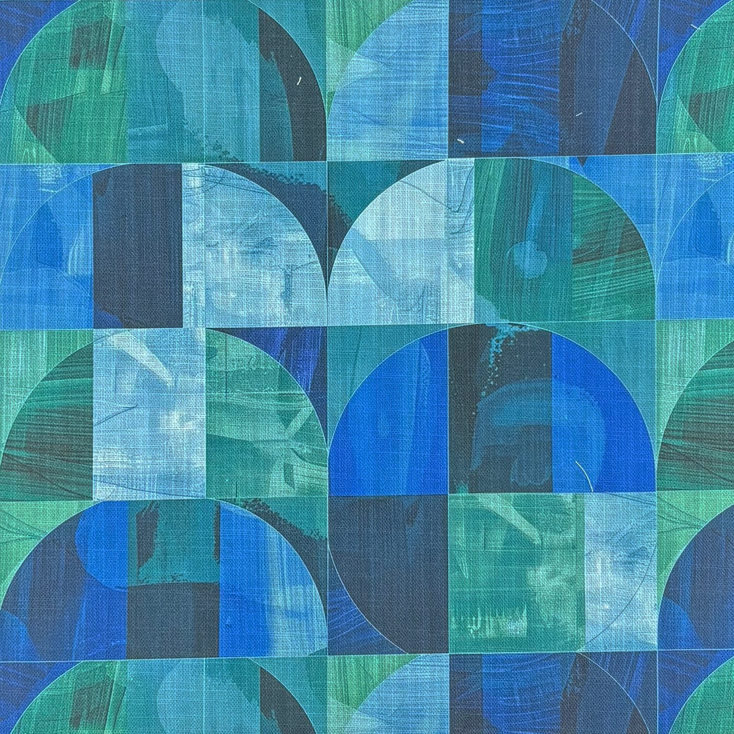 Palette No.7 geometric linen curtain fabric in layered blue and teal tones hanging in modern interior