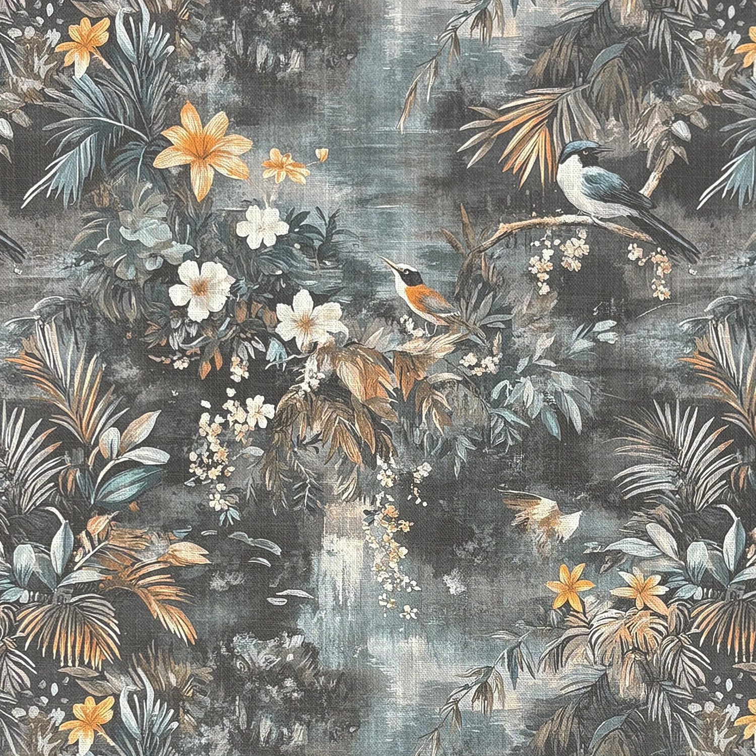 Pavone No.7 linen curtain fabric flat image featuring peacocks, tropical foliage and botanical floral design on dark textured background