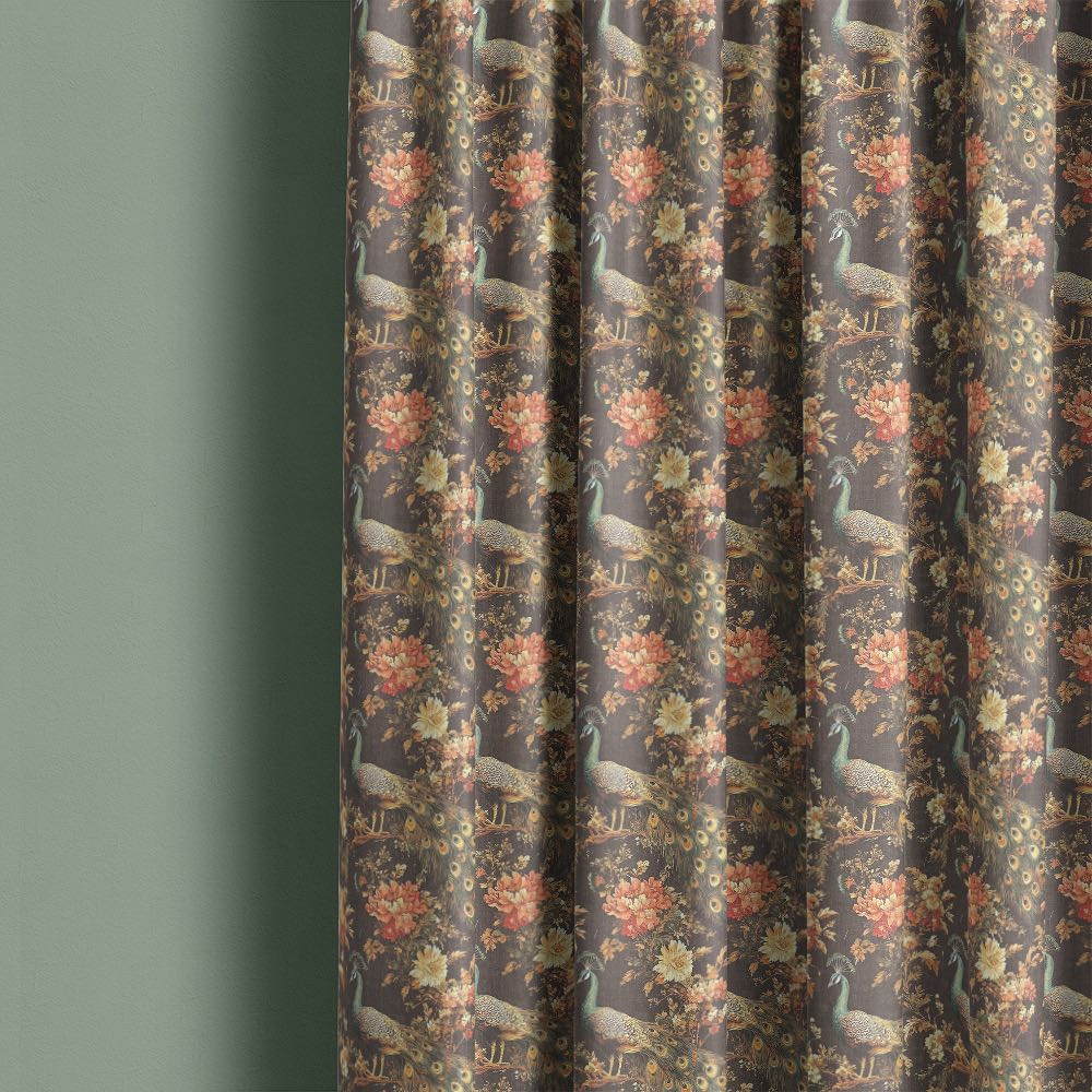 Pavone No.10 Linen Curtain Fabric made into full length curtains showing peacock birds, flowers and layered foliage design