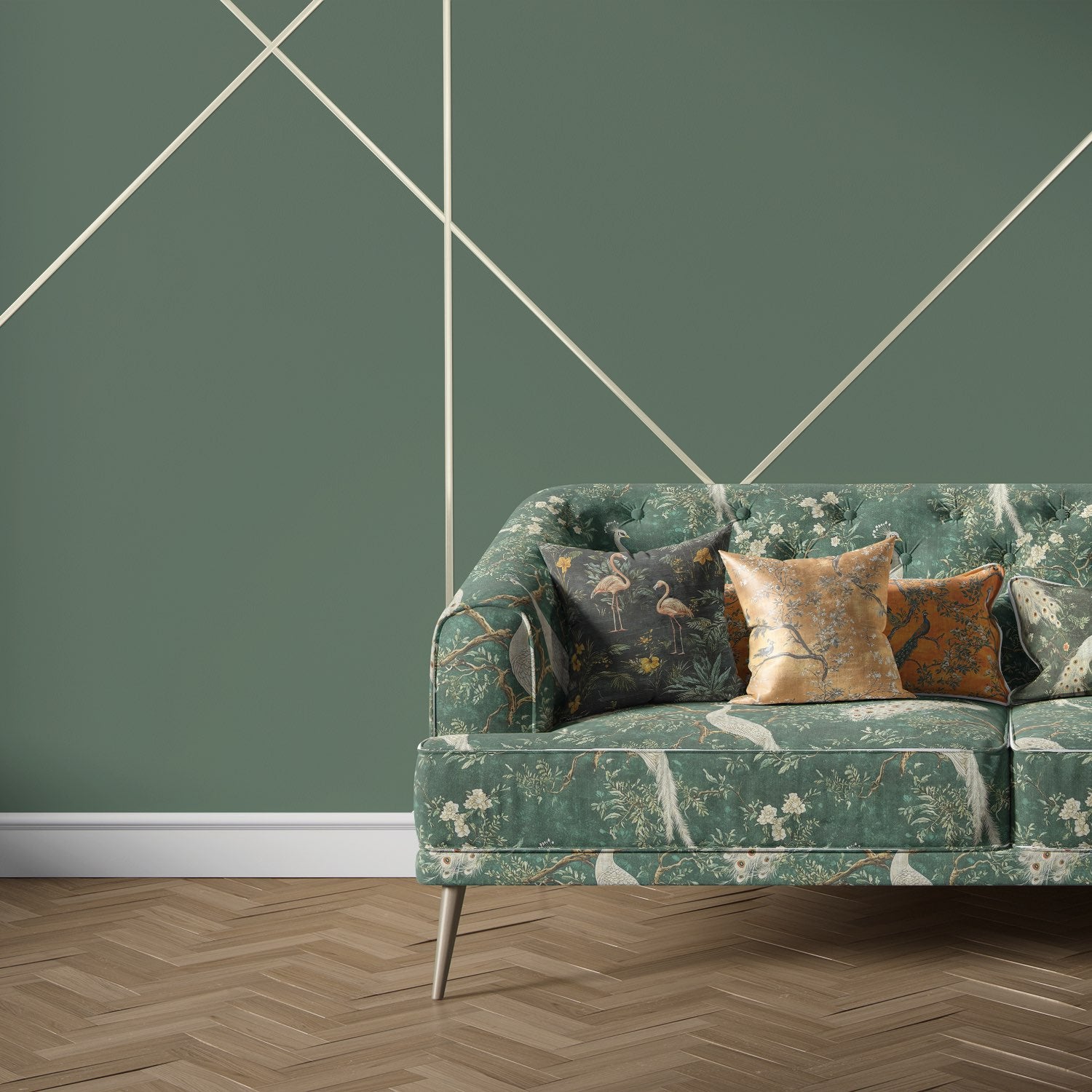In-situ image of Pavone No.11 bird upholstery fabric on a green sofa with white peacocks and floral details