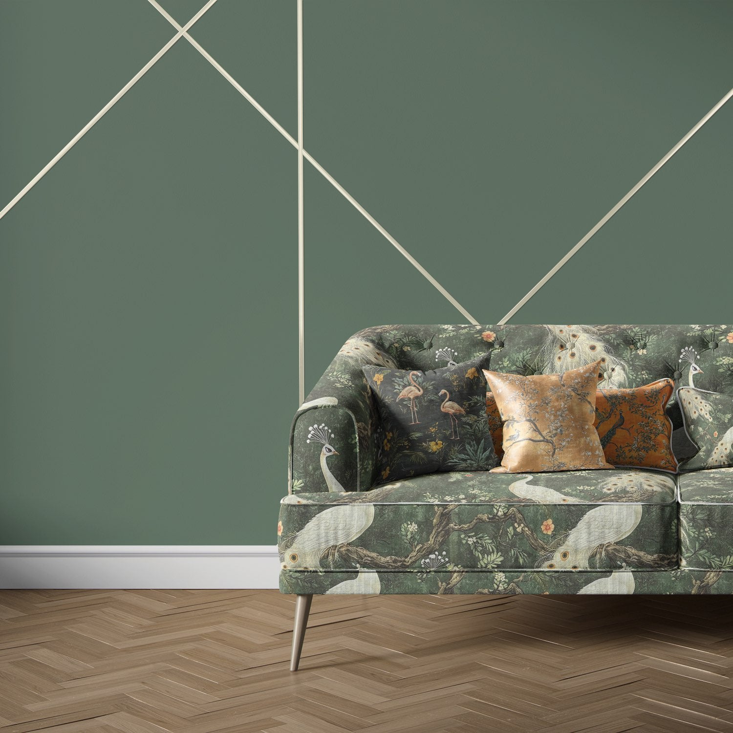 Sofa upholstered in Pavone No.12 green bird upholstery fabric with ivory peacocks and floral pattern