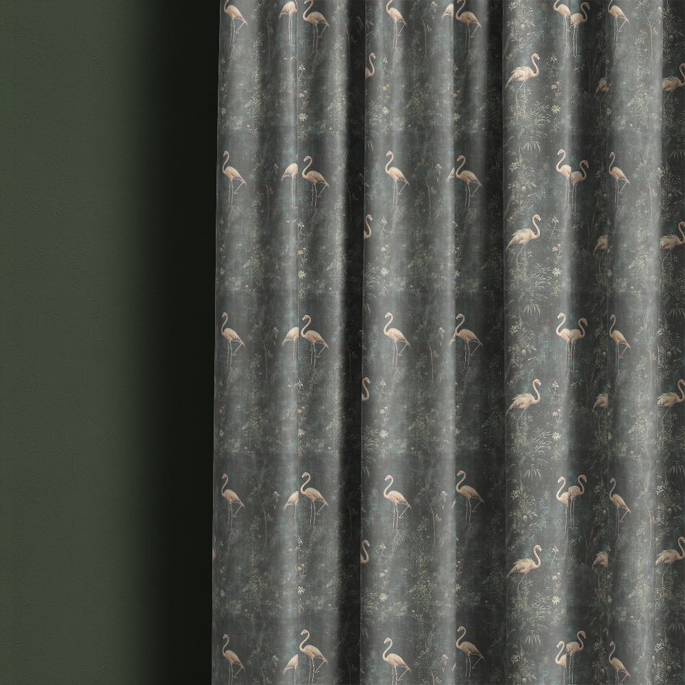 Peacock curtain fabric used as full length curtains with dark botanical bird design – Pavone No.2