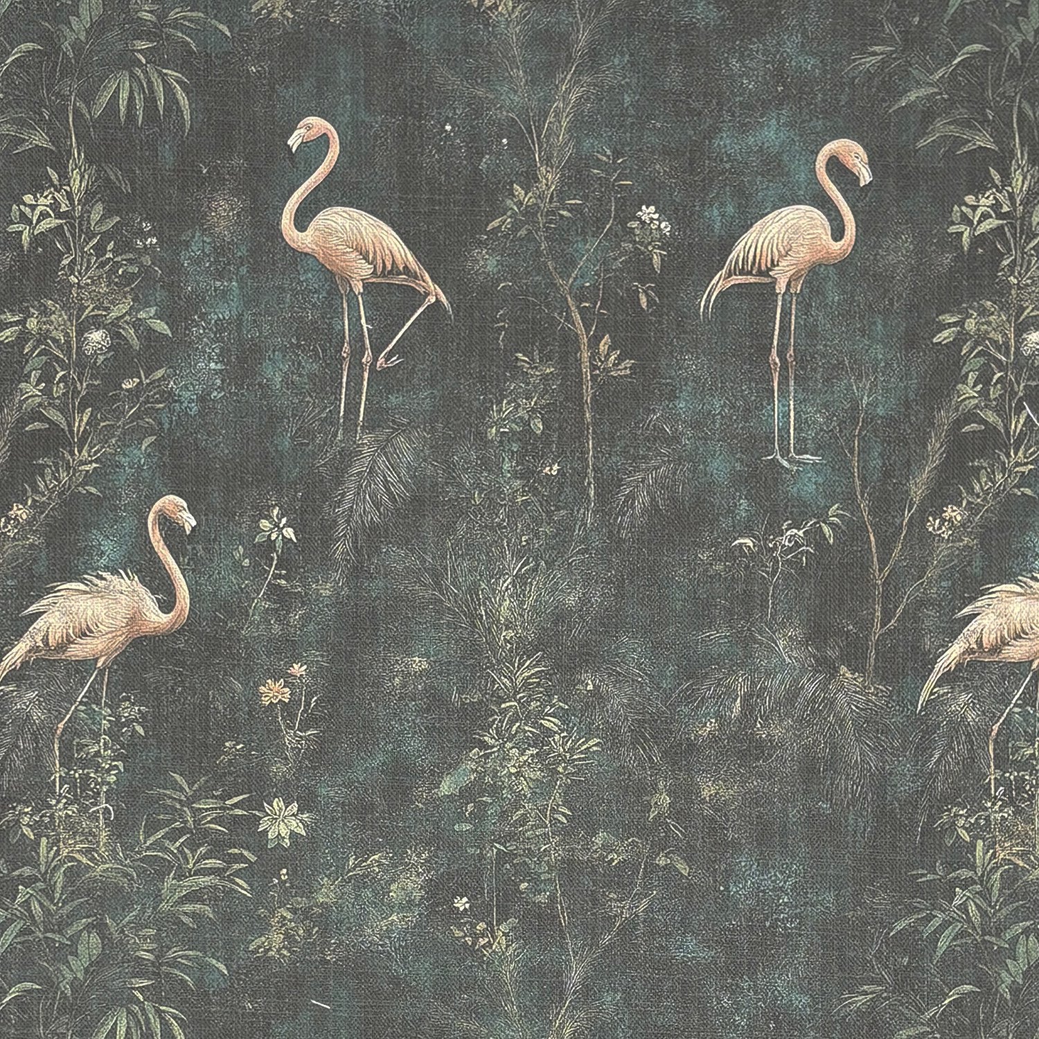 Pavone No.2 flamingo design bird upholstery fabric on dark green background
