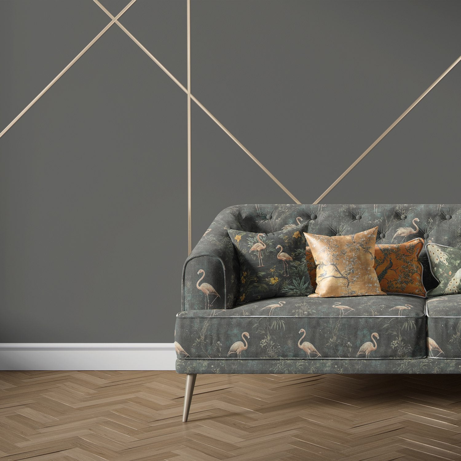Armchair upholstered in Pavone No.2 bird upholstery fabric with flamingos in dark interior