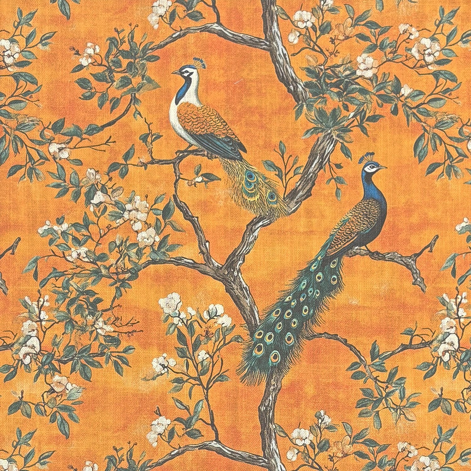 Pavone No.4 – ochre peacock print bird upholstery fabric with white blossom detail
