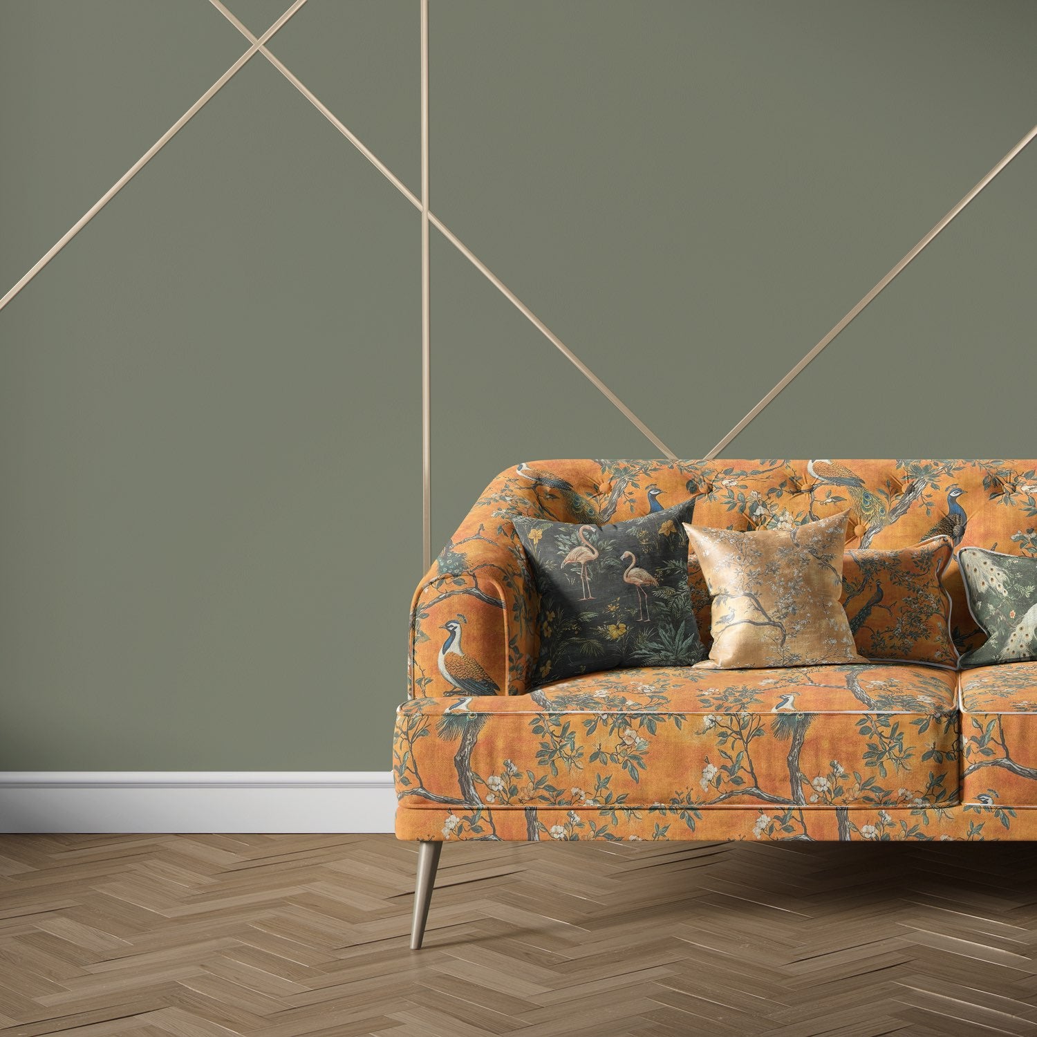 Ochre sofa upholstered in Pavone No.4 bird upholstery fabric with peacock and floral pattern