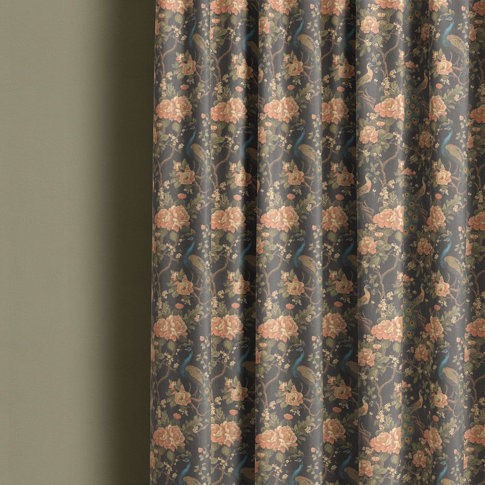 Pavone No.5 linen curtain fabric made into full-length curtains featuring peacock birds and painterly floral design