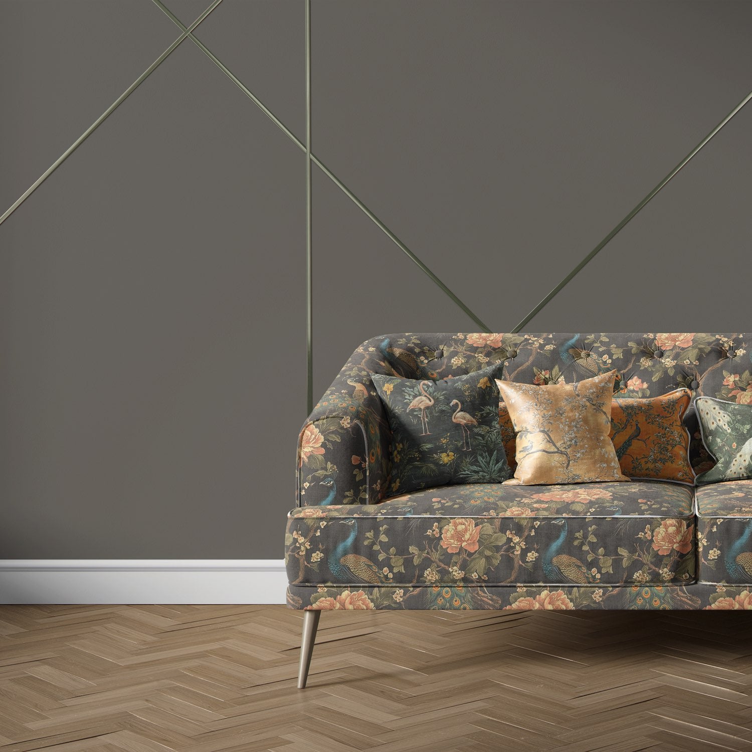 Sofa upholstered in Pavone No.5 charcoal bird design – upholstery fabric