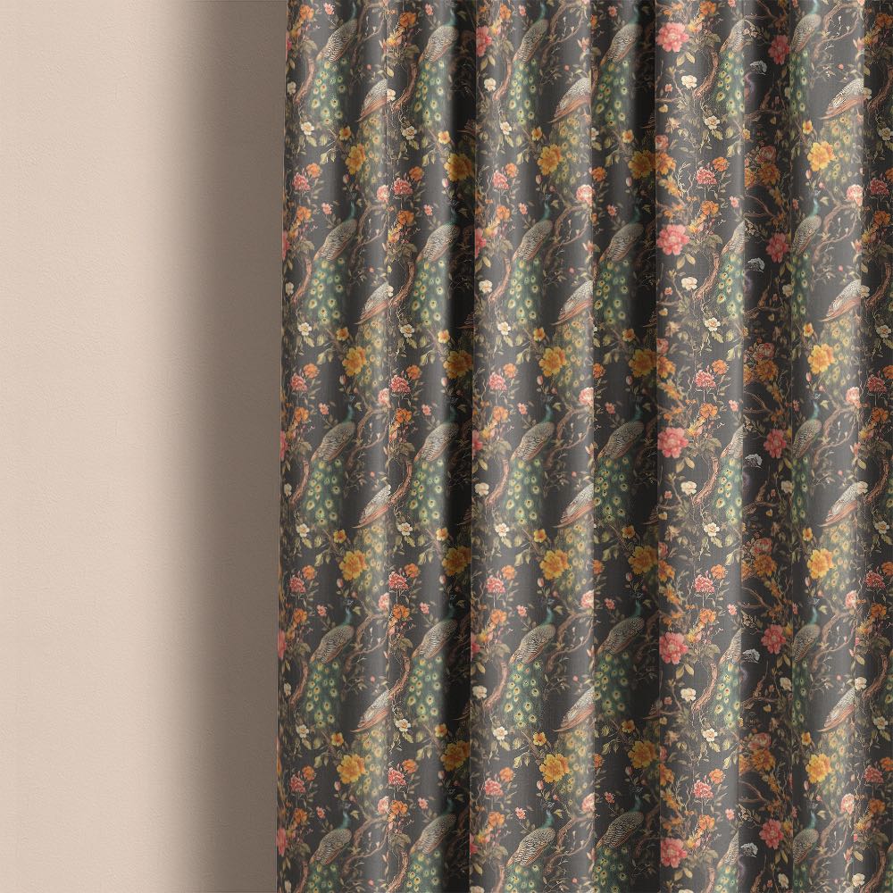 Pavone No.6 linen curtain fabric styled as full length curtains featuring peacock and floral design in rich jewel tones