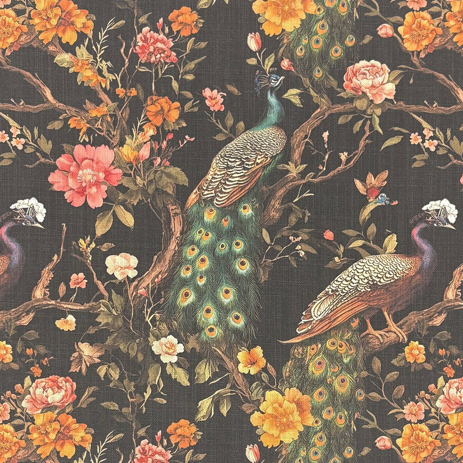 Pavone No.6 bird upholstery fabric with peacock and floral pattern in golden yellow and coral on charcoal background