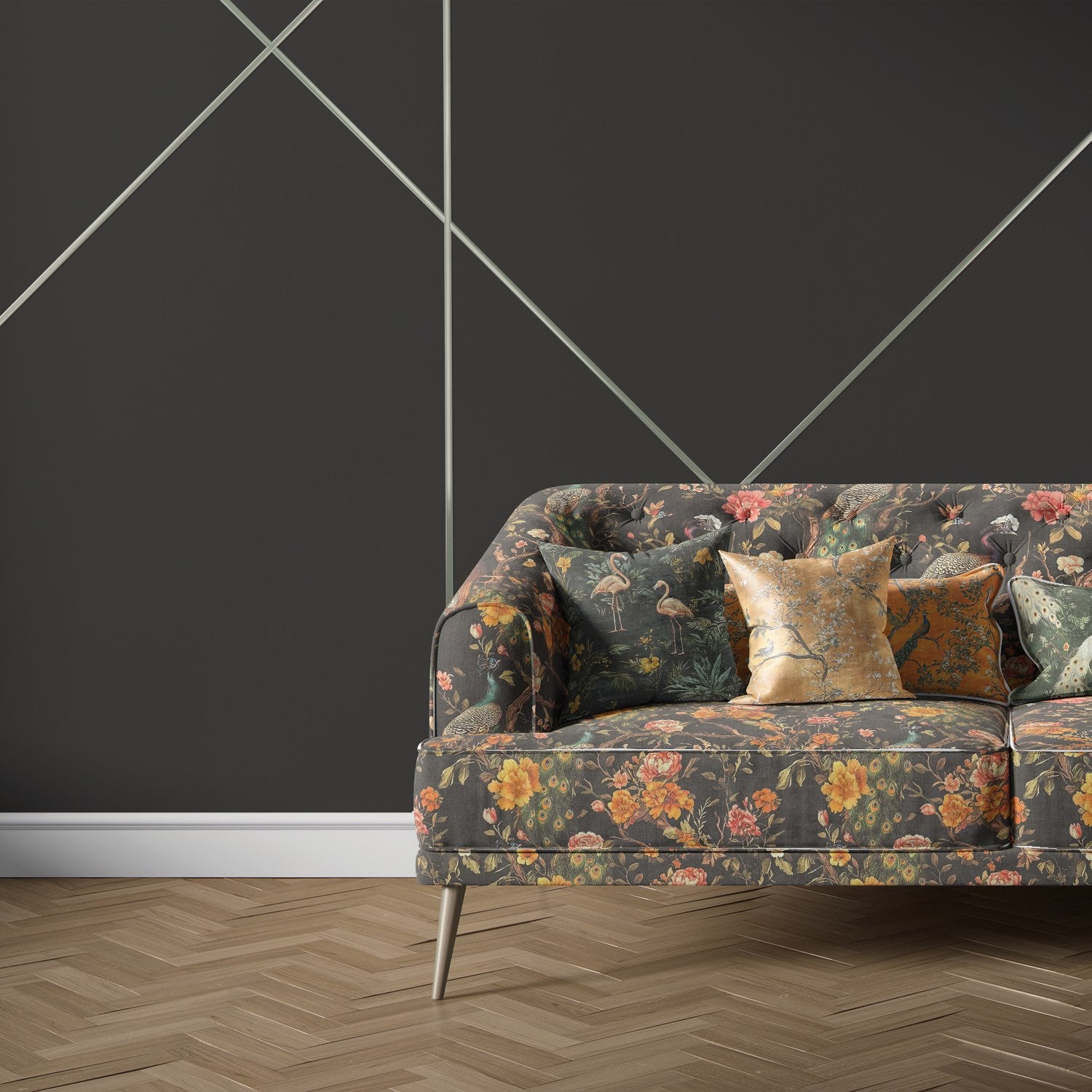 Pavone No.6 upholstery fabric on sofa with detailed peacocks and floral design in warm tones on dark charcoal ground