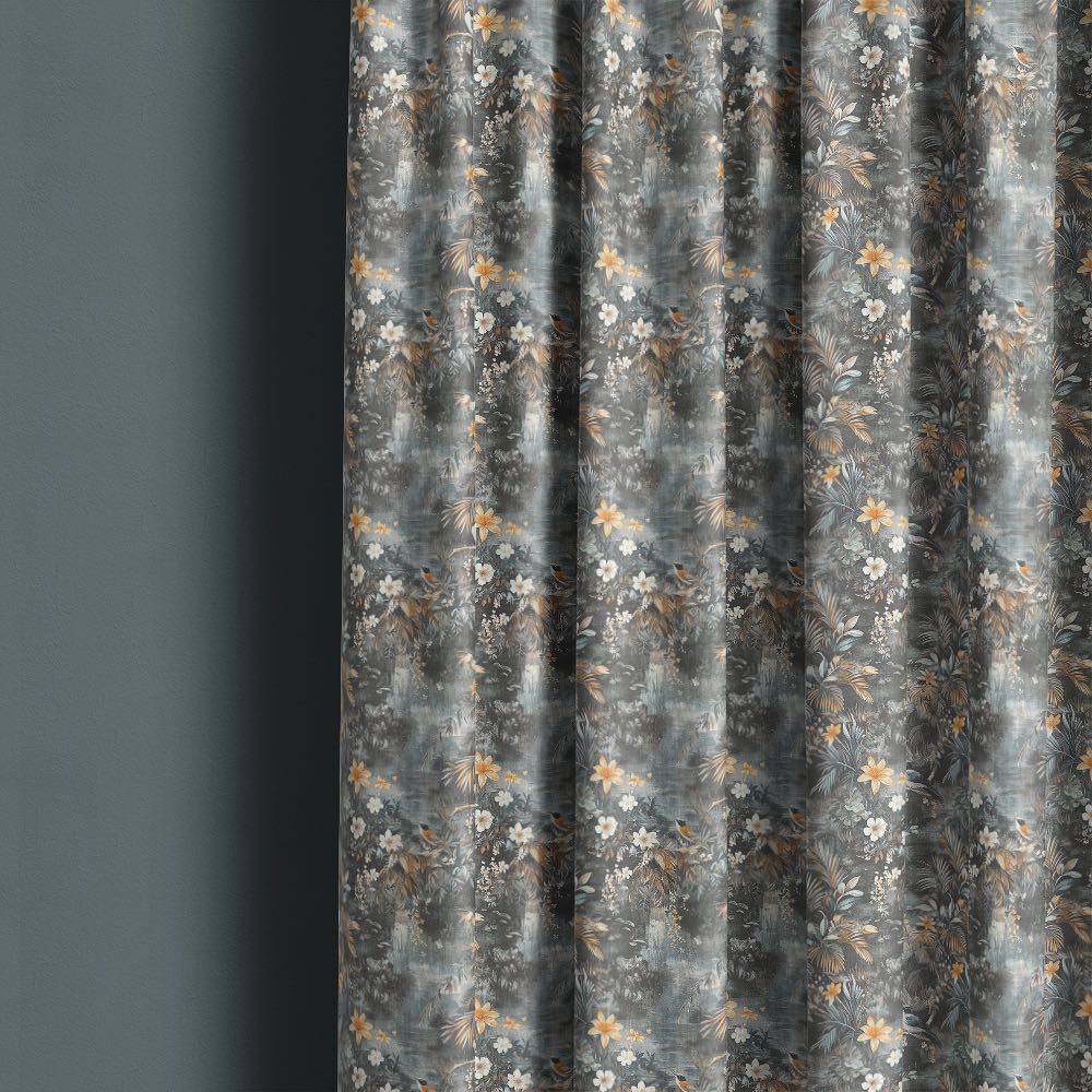 Pavone No.7 peacock curtain fabric shown as full length linen curtains with botanical and bird motif in rich dark tones