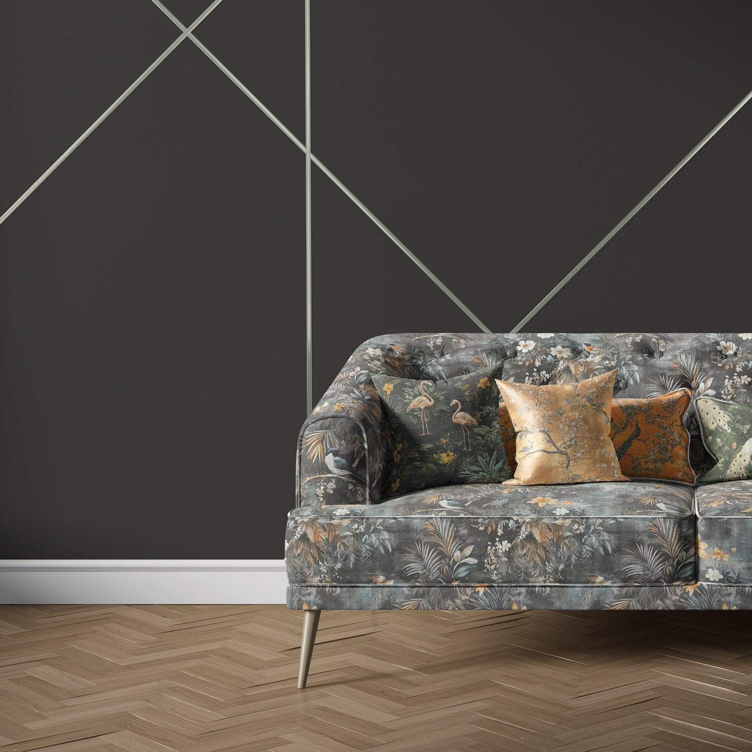 Sofa upholstered in Pavone No.7 tropical bird and foliage print – upholstery fabric by Saint and Poet