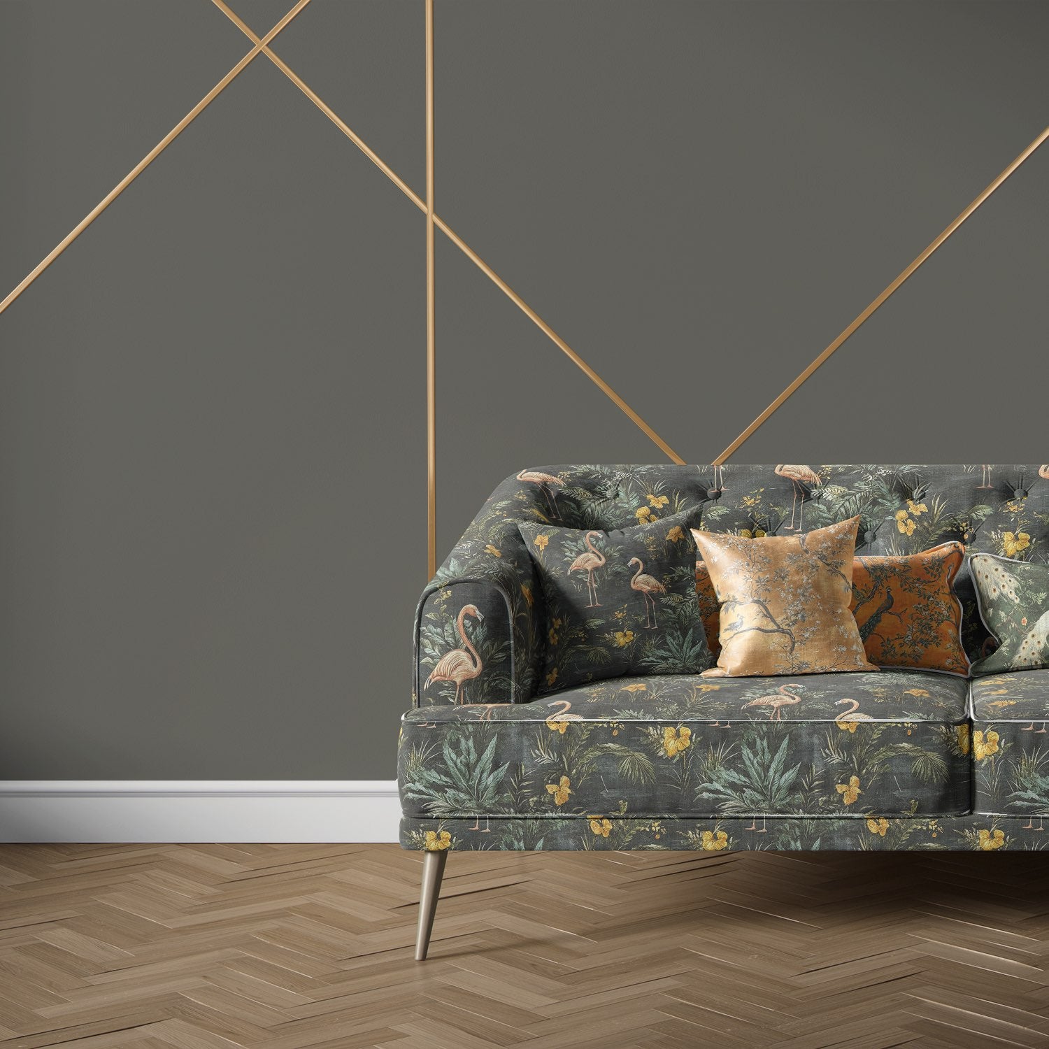 Flamingo patterned Pavone No.8 bird upholstery fabric styled on a sofa in a tropical modern interior