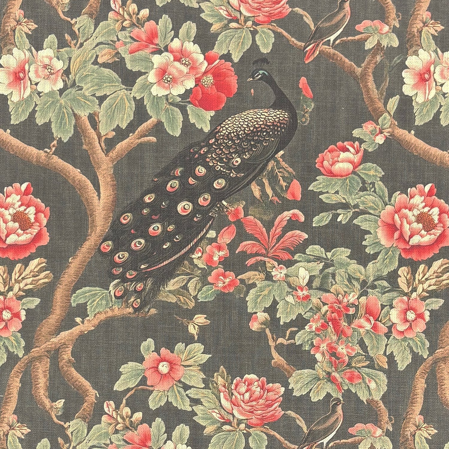 Flat image of Pavone No.9 bird upholstery fabric with peacock and pink flowers