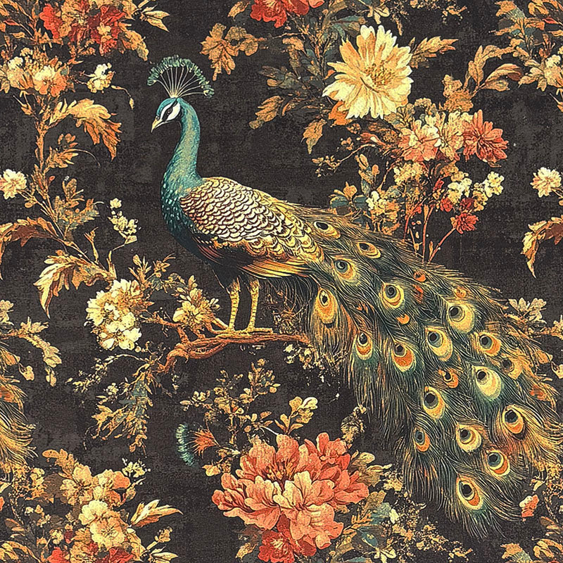 Pavone No.10 dark Crib5 velvet fabric with peacocks, terracotta flowers and ochre foliage