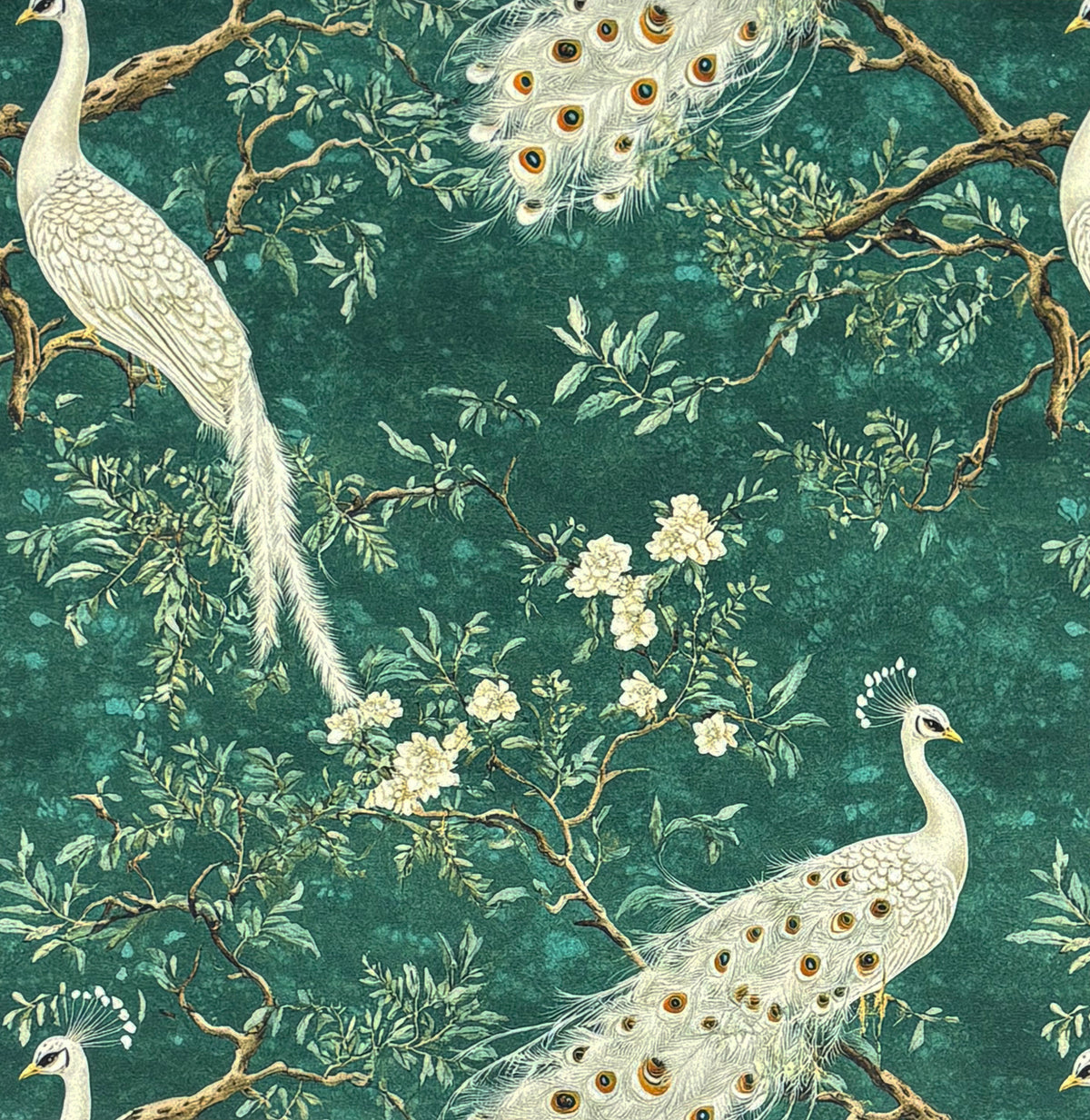 Pavone No.11 emerald green Crib5 velvet fabric with ivory peacocks and flowering branches
