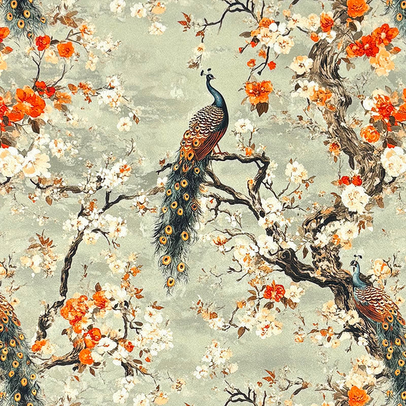 Pavone No.1 Crib5 velvet fabric flat view with peacocks and blossom in sage, amber and ivory