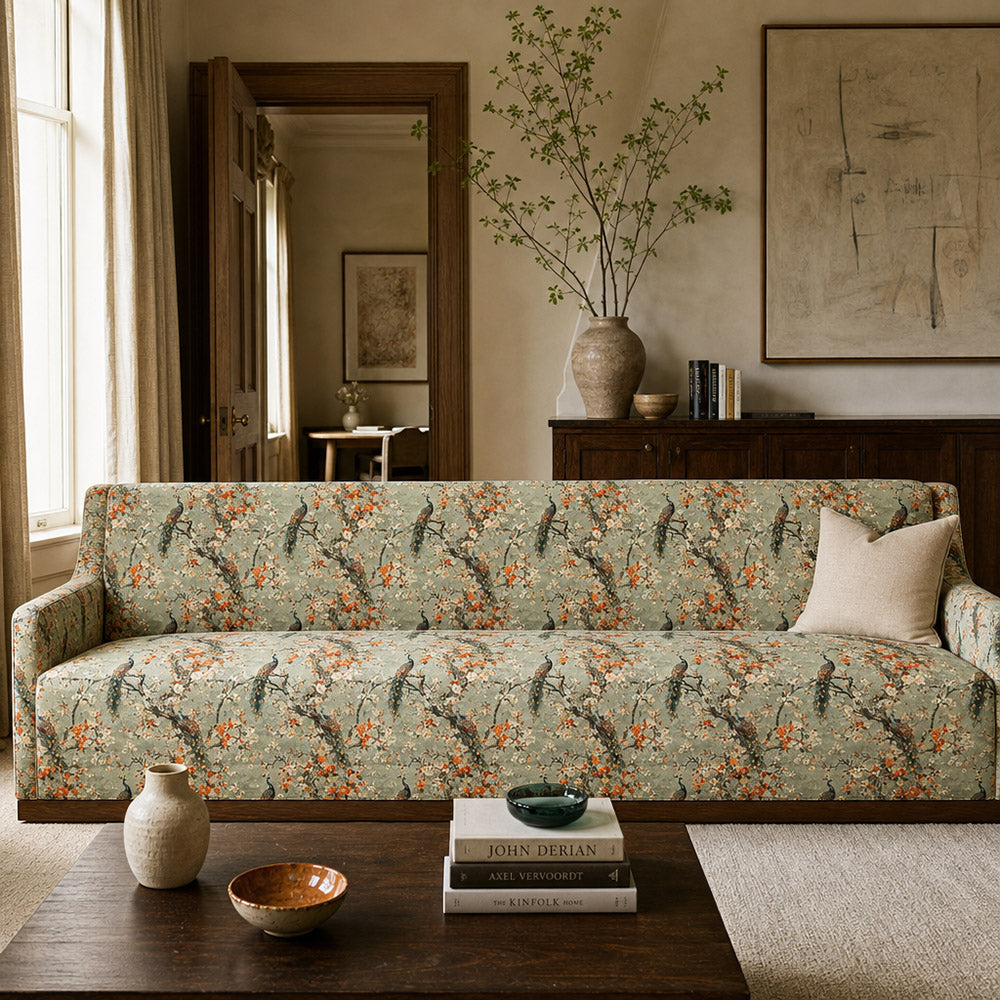 Curved sofa upholstered in Pavone No.1 printed peacock velvet with warm sage and amber botanical detail