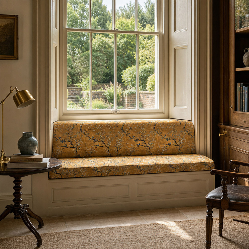 Upholstered bench in Pavone No.3 ochre peacock velvet fabric with permanent Crib5 performance