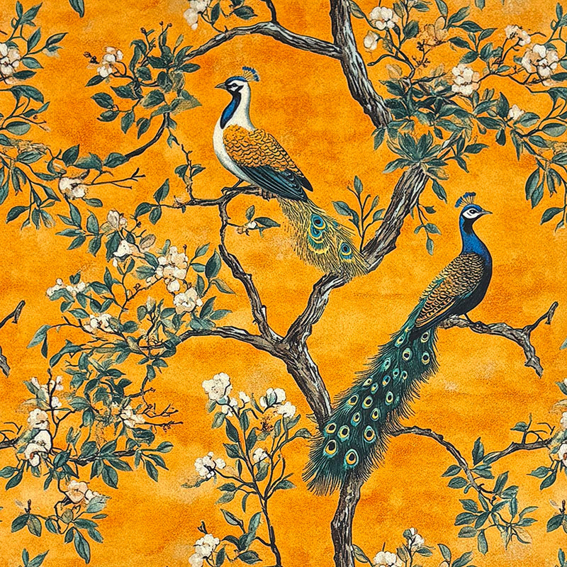 Pavone No.4 ochre Crib5 velvet fabric with peacocks, flowering branches and ivory blossom