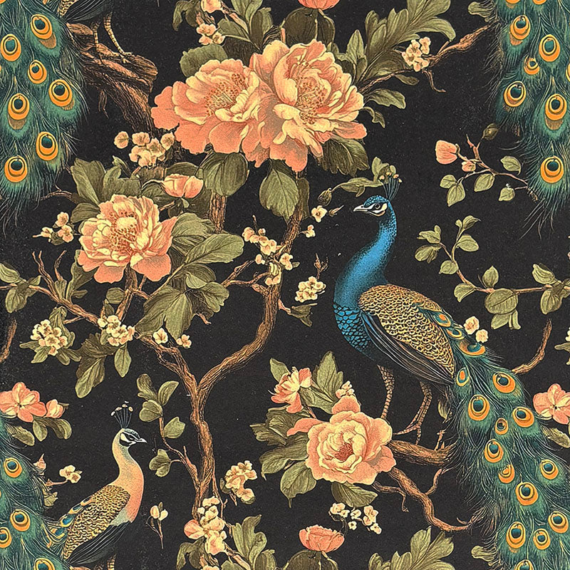 Pavone No.5 charcoal Crib5 velvet fabric with peacocks, peonies and ochre botanical accents