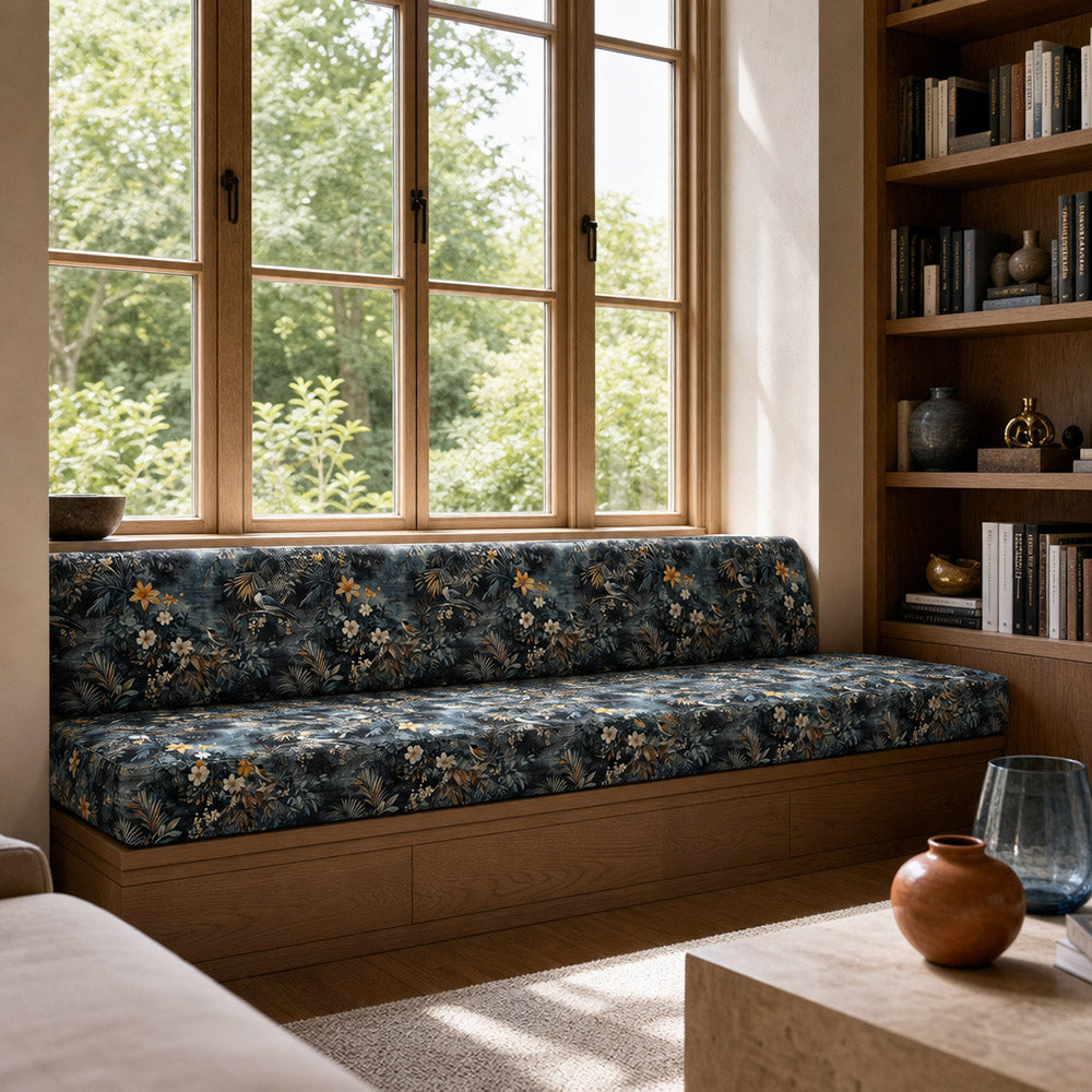 Contemporary bench upholstered in Pavone No.7 grey bird velvet fabric with permanent Crib5 specification