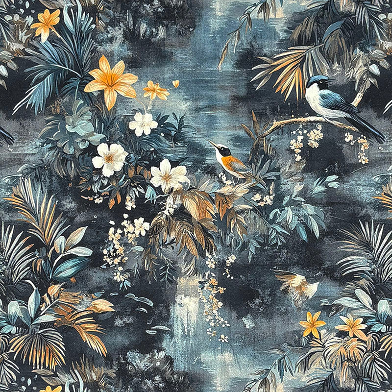 Pavone No.7 grey and slate Crib5 velvet fabric with birds, amber accents and tropical foliage