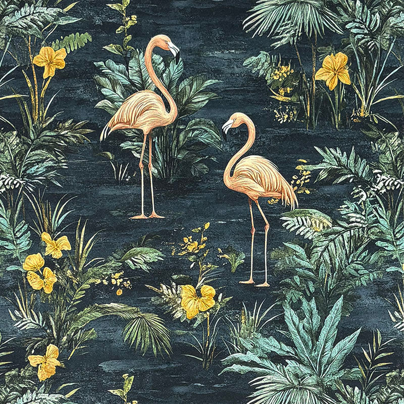 Pavone No.8 dark green Crib5 velvet fabric with flamingos and layered tropical leaves