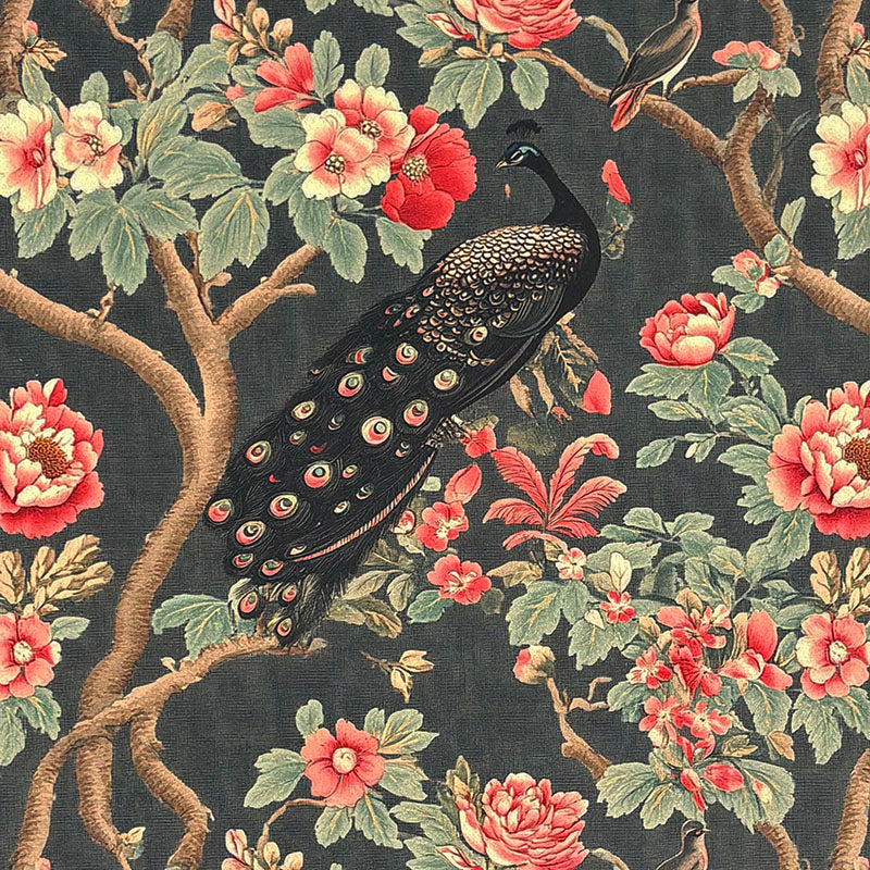Pavone No.9 multicolour Crib5 velvet fabric with peacock, coral peonies and green foliage