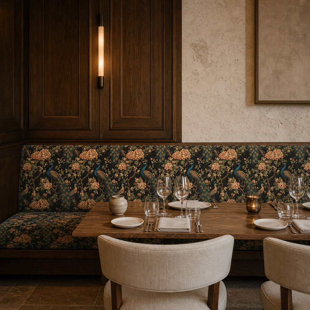 Luxury bench upholstered in Pavone No.5 charcoal peacock and floral printed velvet fabric