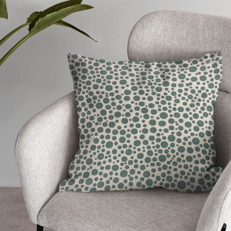 Pointillia No.2 cushion in teal green polka dot curtain fabric for contemporary room styling