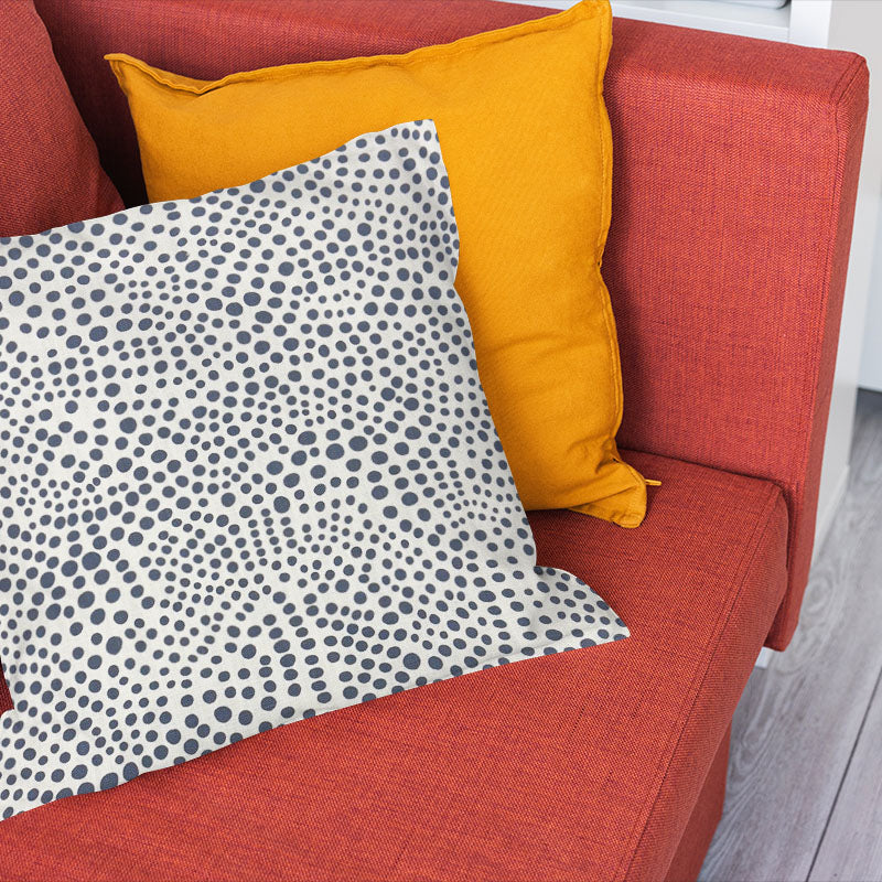Pointillia No.6 cushion in dark navy polka dot curtain fabric for graphic window and cushion schemes
