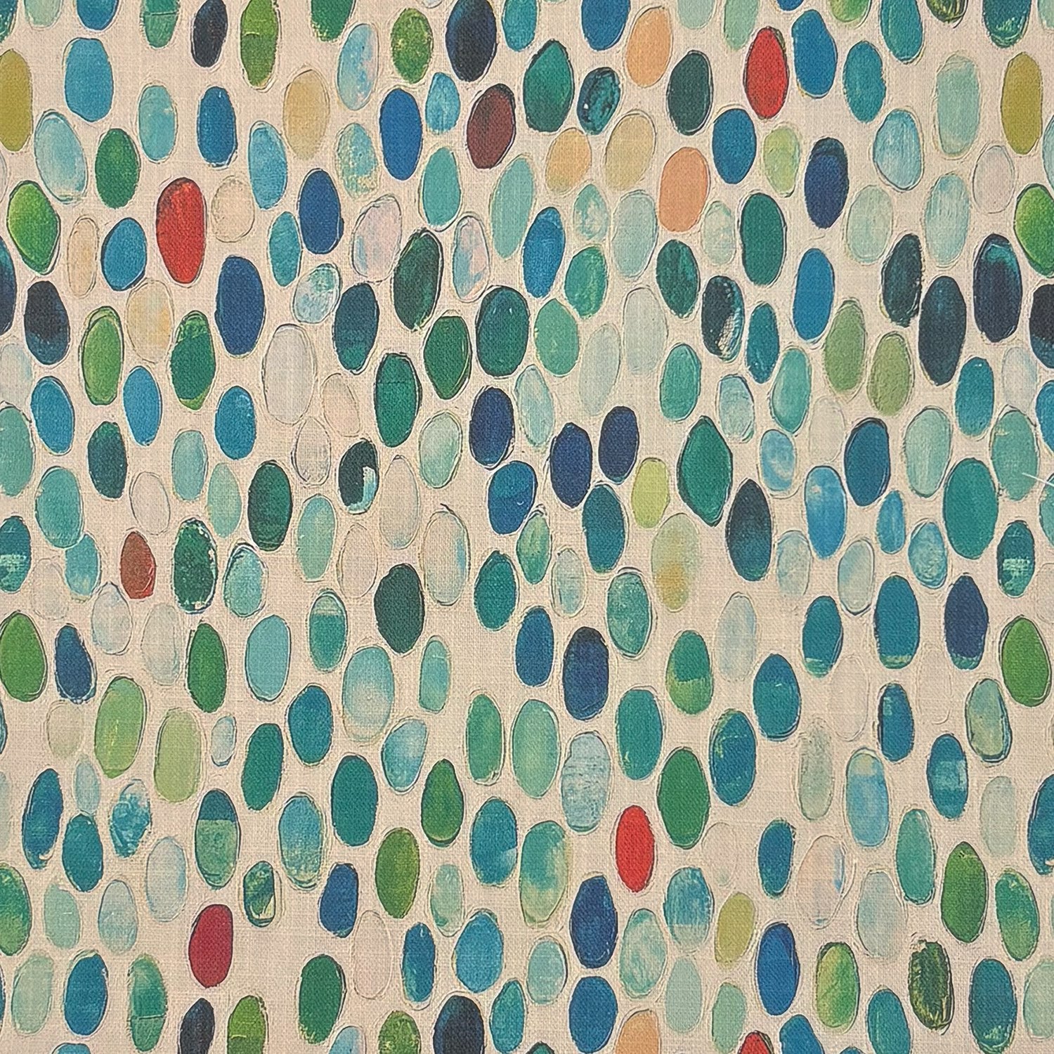 Pointillia No.9 teal blue polka dot linen curtain fabric flat image with multicoloured accents