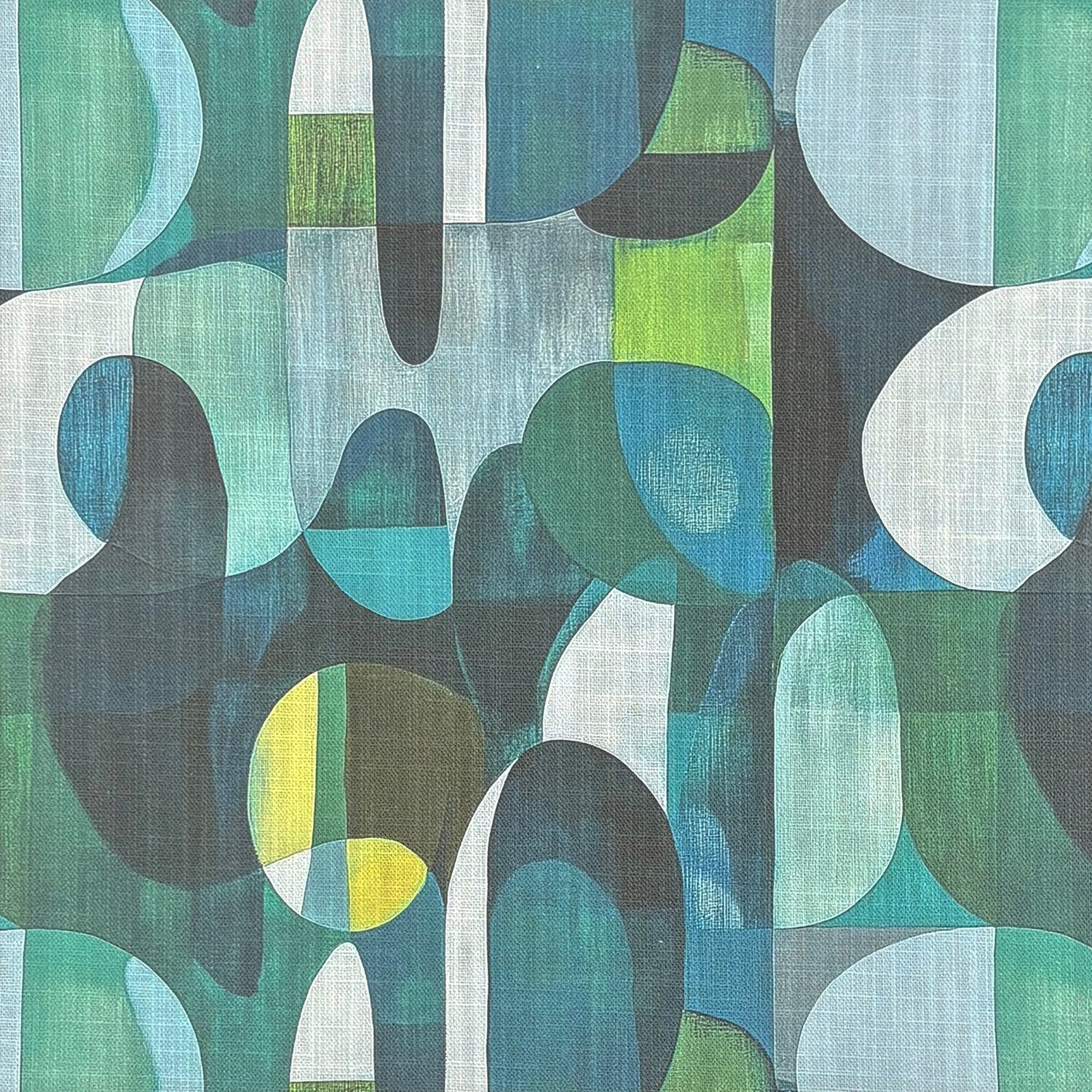 Populist No.12 green and blue abstract print upholstery fabric swatch close-up