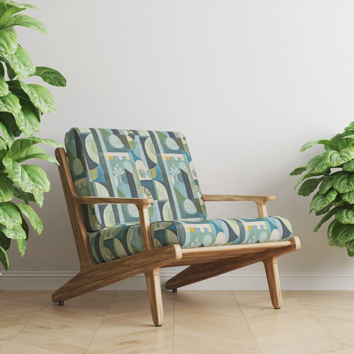 Flat lay of Populist No.13 upholstery fabric showing midcentury floral print in blue and sage