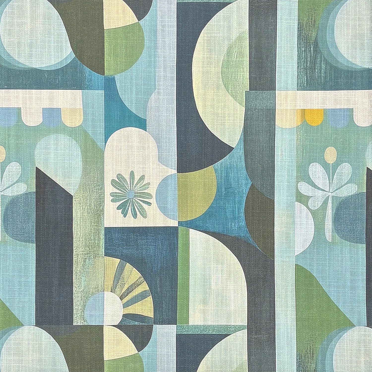 Detail of Populist No.13 upholstery fabric with retro arches, flowers and sunburst shapes